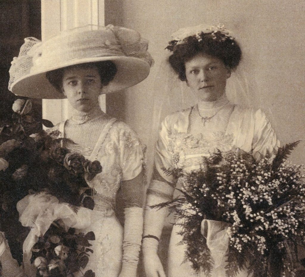 Wedding picture of Mina Flavelle Barrett with her bridesmaid on the left Valda Bonnick.